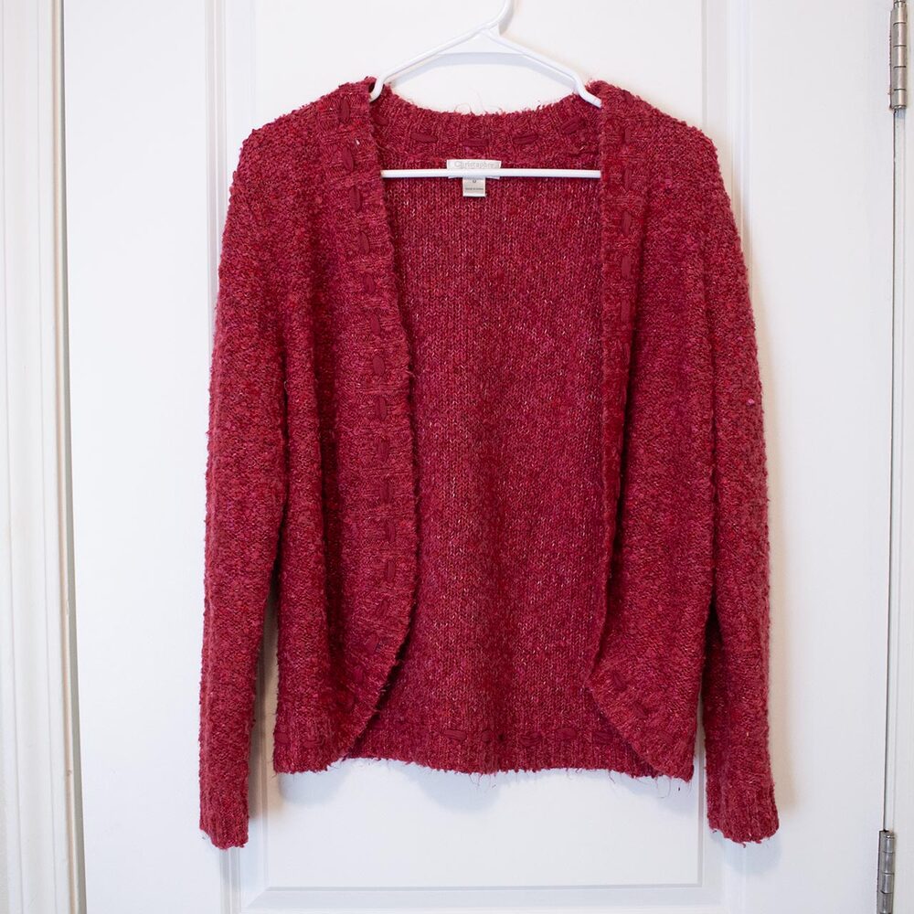 VTG M Mori Girl Fuzzy Sweater Chunky Stitch Dashed Red Pink Christopher & Banks